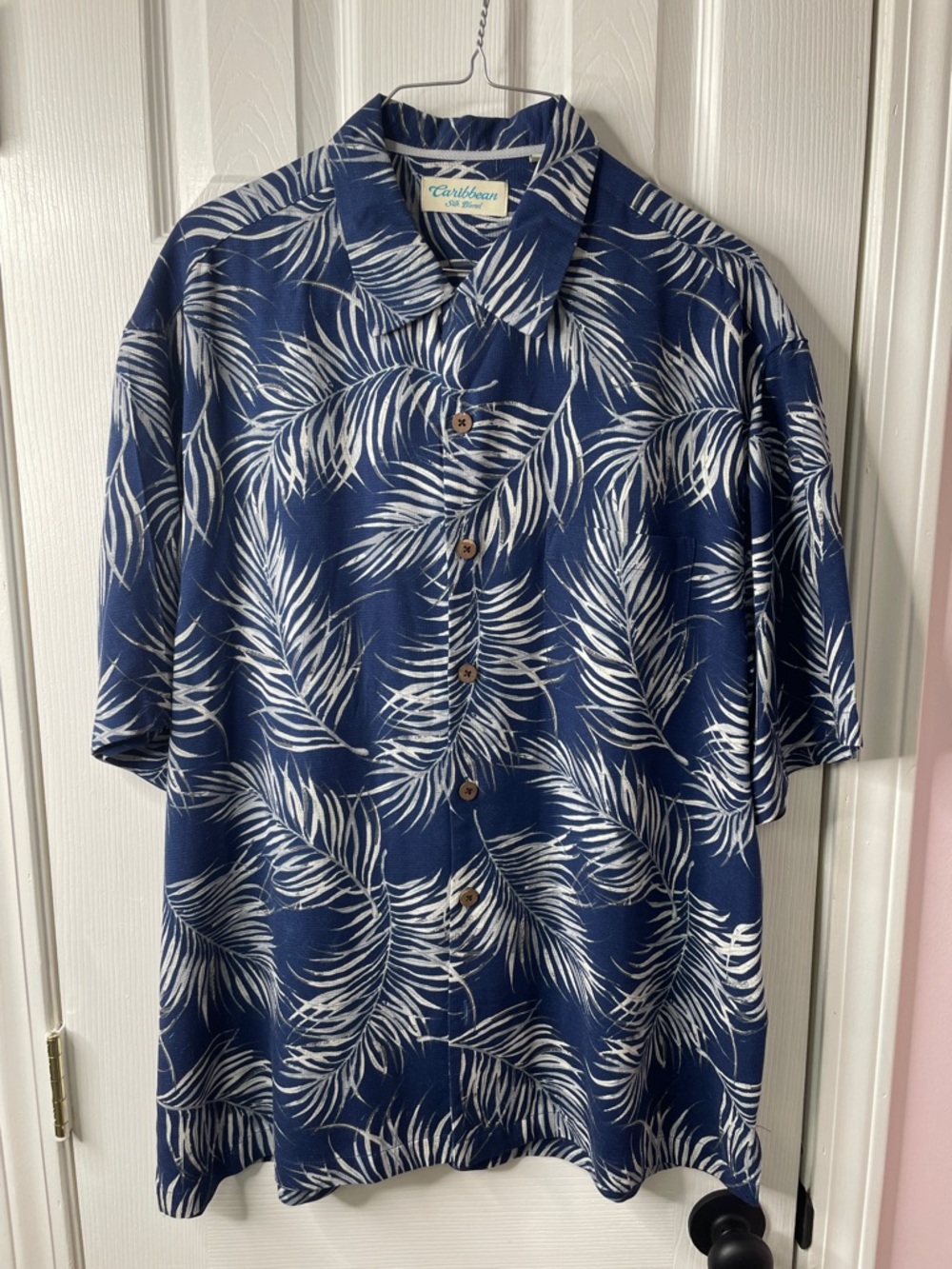 Caribbean Navy and White Tropical Leaf Button-Up Shirt. Comfy and Cool!